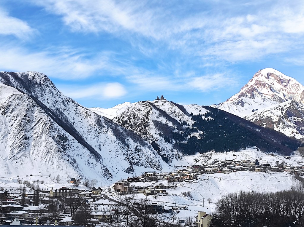 View of Tsminda Church and mount Kazbegi 